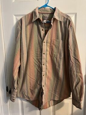 The Territory Ahead Men's Long-Sleeve Striped Button-Up Shirt in Olive & Peach